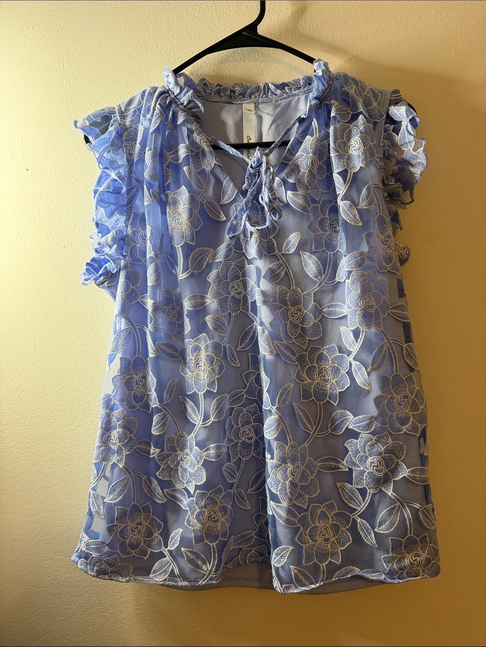 Light Blue Floral Lace Ruffle Sleeve Blouse - Brand Unknown